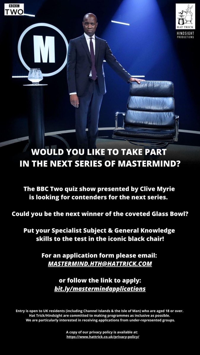 Mates of mine from Mastermind casting are keen to get local people involved, especially female contestants. If you think you have what it takes to sit in the chair then click the link below. bbc.co.uk/showsandtours/…