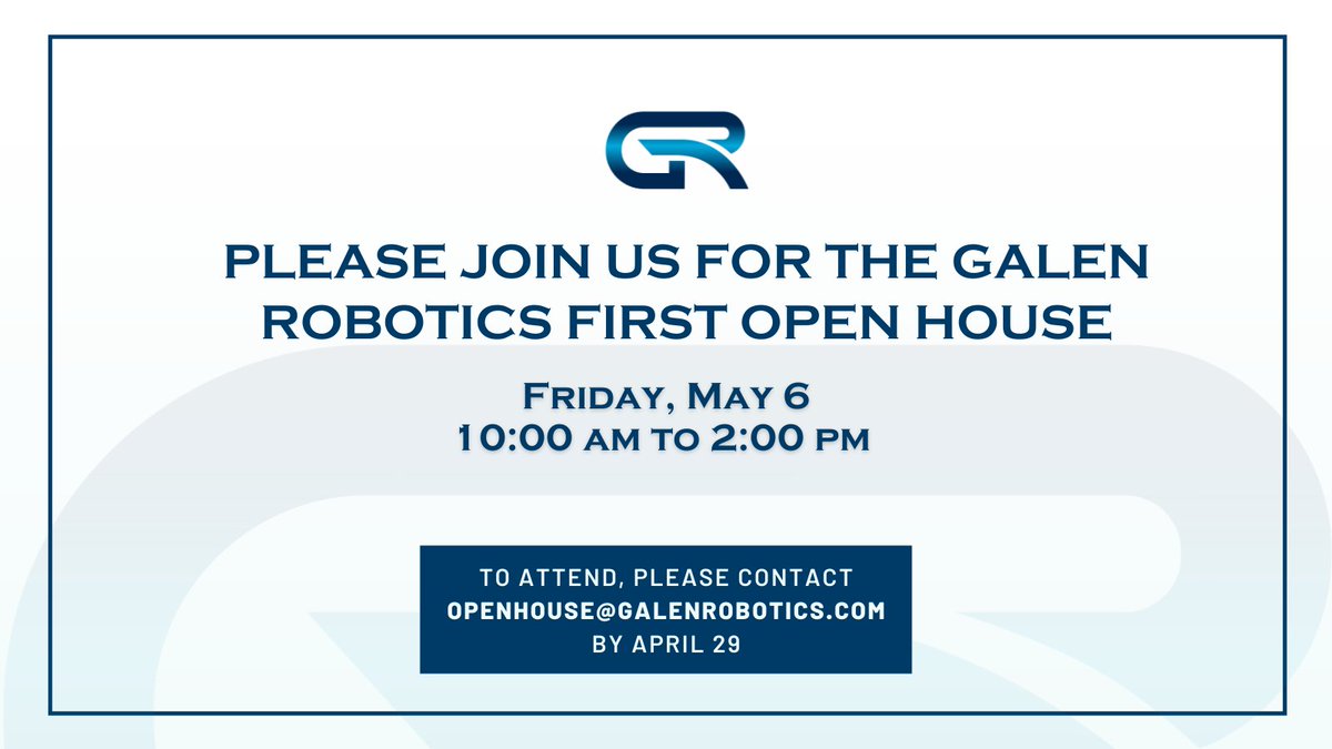 Galen Robotics (@galenrobotics) on Twitter photo Join us for the Galen Robotics first Open House on Friday, May 6th, 10:00 AM – 2:00 PM. We are pleased to welcome city and state officials and showcase the Galen Robot. For information on how to attend, please email openhouse@galenrobotics.com by April 29th. Join us for the Galen Robotics first Open House on Friday, May 6th, 10:00 AM – 2:00 PM. We are pleased to welcome city and state officials and showcase the Galen Robot. For information on how to attend, please email openhouse@galenrobotics.com by April 29th.