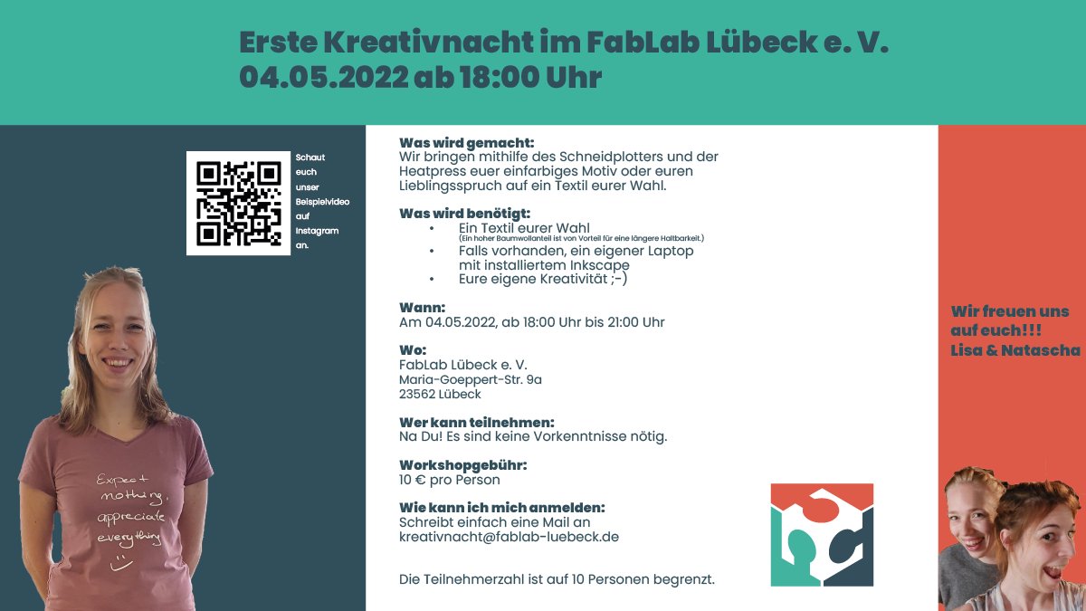 FablabLuebeck's tweet photo. Moin zusammen,
am 04.05.2022 findet von 18:00-22:00 Uhr die erste Kreativnacht im FabLab statt.
Thema des Abends wird das Bedrucken eines Textils mit einem eigenen einfarbigen Design.
#fablab #fablabluebeck #workshop #makealmostanything #schneidplotter https://t.co/JISF06o8KR