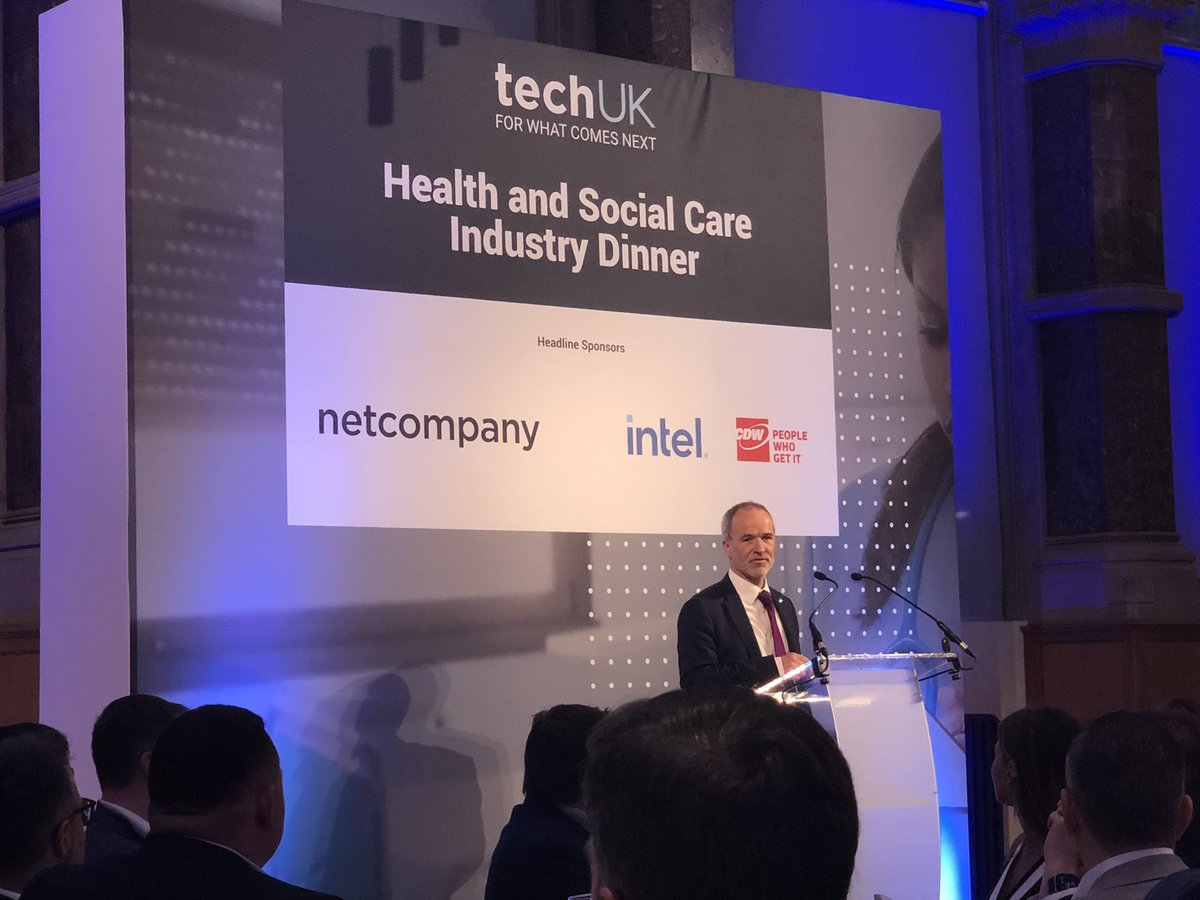 techUK's tweet photo. Fantastic to have award winning leader @NHS_RobW of @WYpartnership with us this evening #healthtechuk dinner. Emphasising the importance of collaboration across NHS, councils & business to solve biggest community challenges. https://t.co/kKNgZtusAa