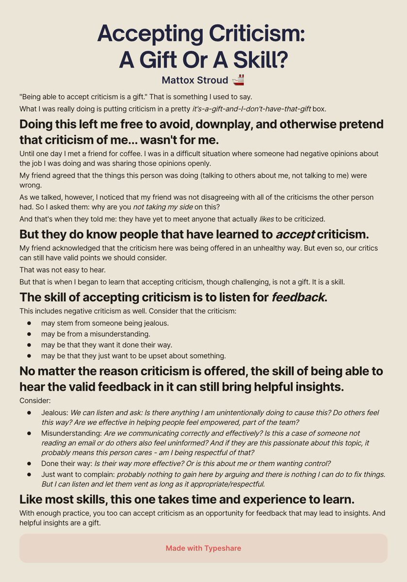 MattoxStroud's tweet photo. I still don't *like* criticism. At all.

But I have learned what it takes to accept it as an opportunity.

#lifelesson #stillworkingonit #feedback #insight #gift https://t.co/DWAONal2Jn