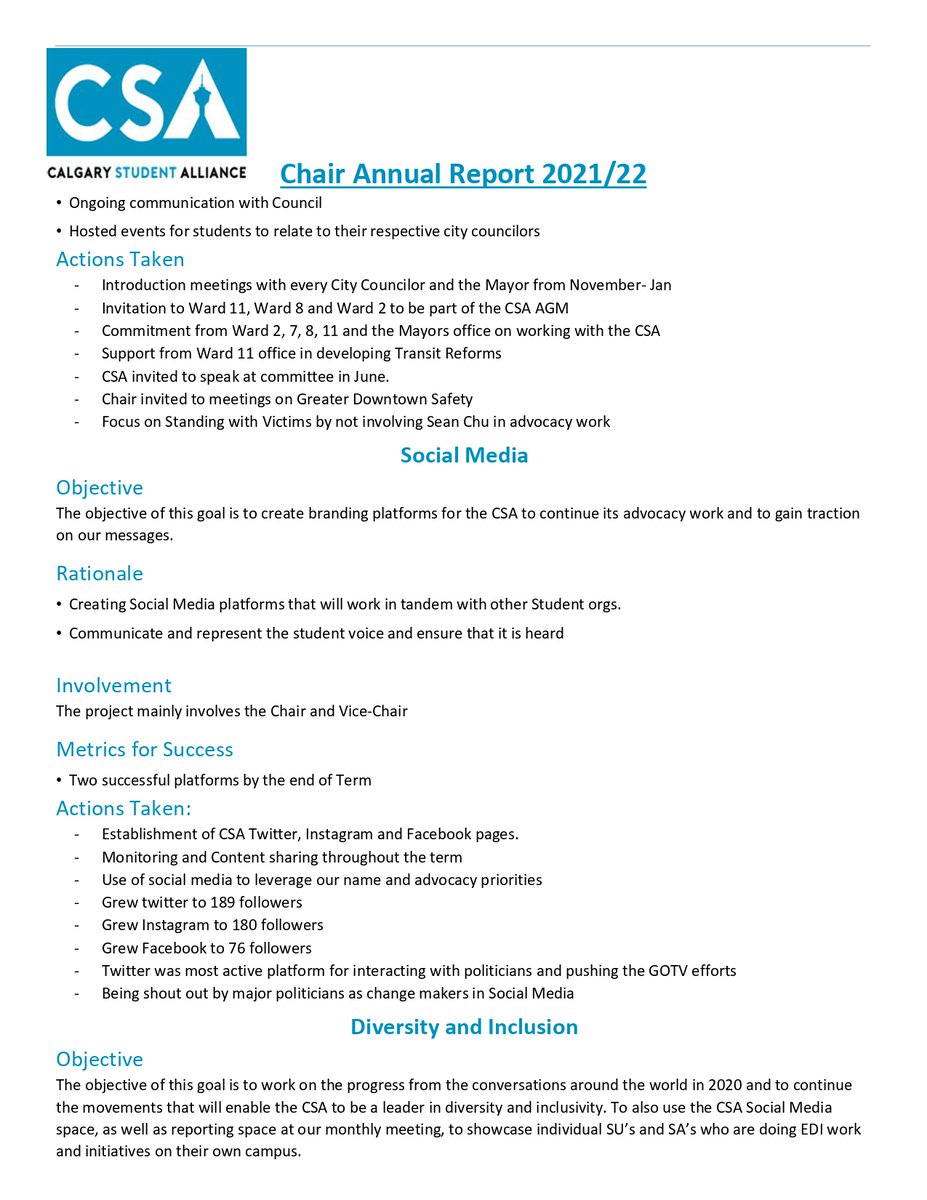 StudentsCalgary's tweet photo. We are pleased to publish our Annual report from our Chair , @DexternalBVC , on the work that has been done in the 2021/22 Term.

Thank you to all of our member delegates and our 90,000 members for the support throughout this year. 

#progress #Calgary #yyc #yyccc #abpoli https://t.co/G4WmJDEp7Q