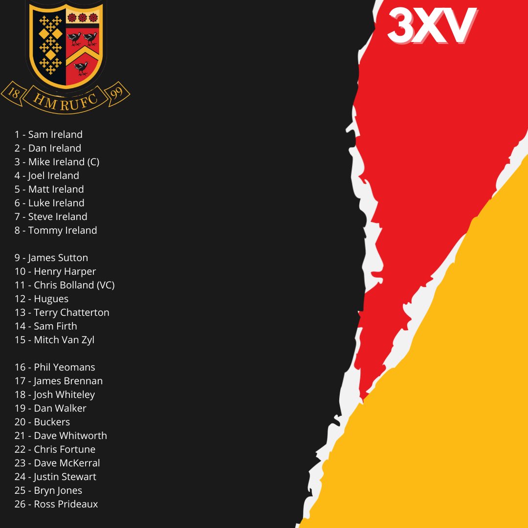 The 3XV for this weekend is a special one. Featuring something probably never seen before, despite us getting close previously! Congrats to Mike Ireland who is retiring after this game, and is captaining to side alongside a WHOLE SCRUM OF IRELANDS (Himself and 7 of his sons!)