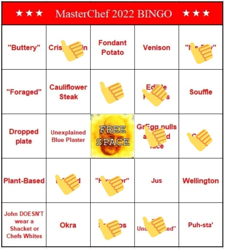 brummiegourmand's tweet photo. I'm here! Updated below! After stewards enquiry we have Crisp from Tuesday too! #MasterChef #MasterChefUK #MasterChefBingo https://t.co/dT32rQO3O9