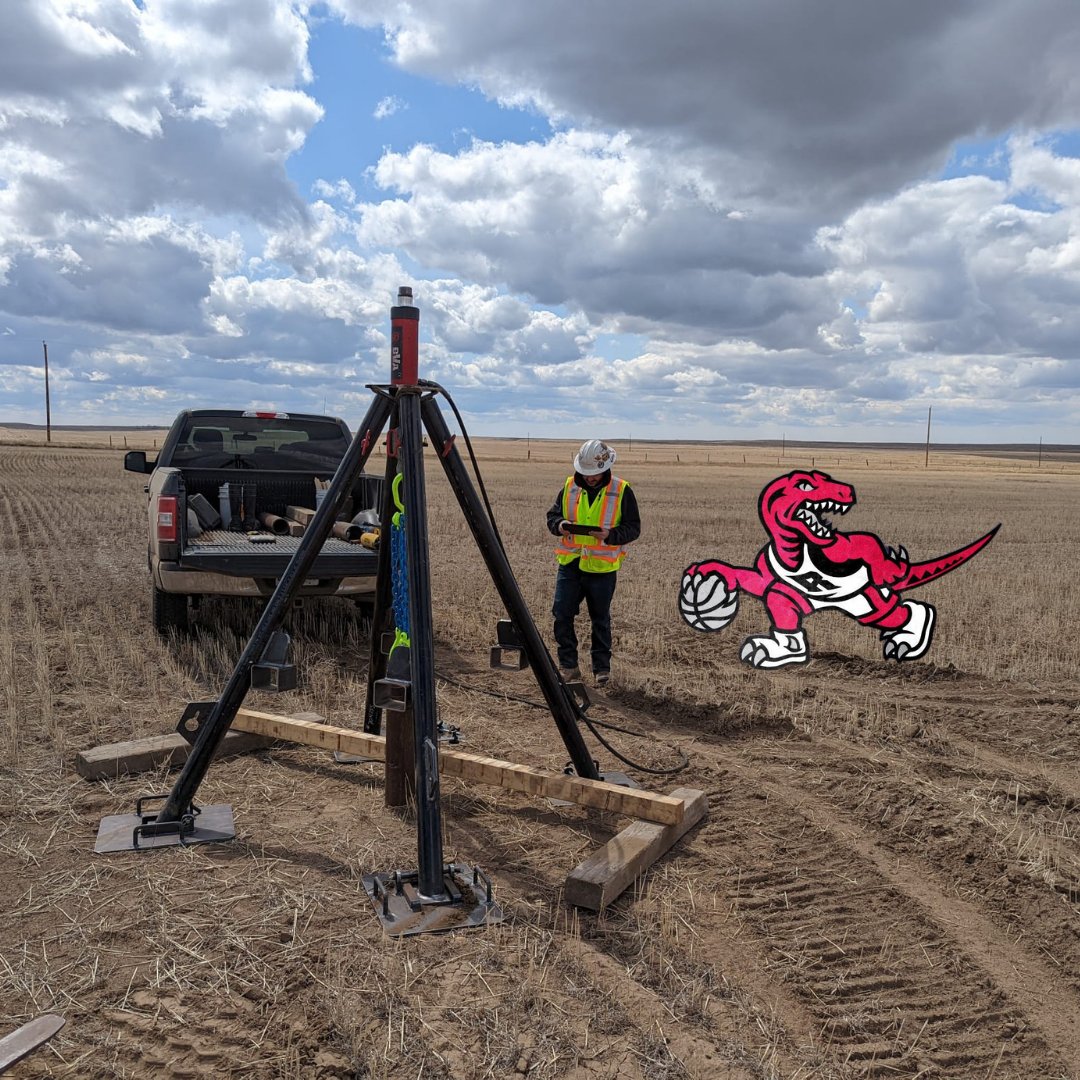 PRIEngineering's tweet photo. Look out Zayed! We're out in Alberta, completing a geotechnical investigation and a pile foundation design. Although we can't be at the other Jurassic Park cheering on the Toronto @Raptors as they play Game 6, we wish them luck as they battle it out. #wethenorth #letsgoraps https://t.co/rRys8q1hRk