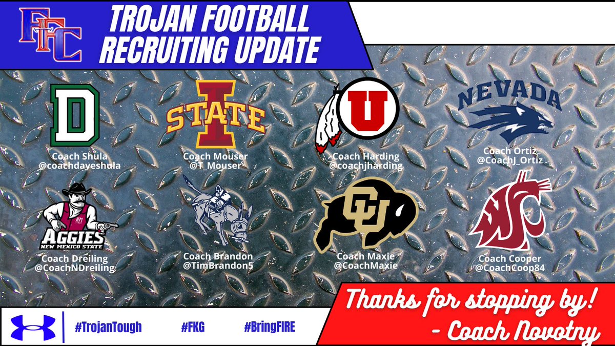 Jake Novotny (@coach_jnovotny) on Twitter photo Thank you to all of the schools who stopped by this week to see our athletes & watch workouts! <a href="/coachdaveshula/">Dave Shula</a> <a href="/T_Mouser/">Taylor Mouser</a> <a href="/coachjharding/">Jim Harding</a> <a href="/CoachJ_Ortiz/">Jalen Ortiz</a> <a href="/CoachNDreiling/">Nate Dreiling</a> <a href="/TimBrandon5/">Tim Brandon</a> <a href="/CoachMaxie/">Coach Brett Maxie</a> <a href="/CoachCoop84/">AJ Cooper</a> <a href="/FFCHSAthletics/">TROJAN ATHLETICS โ๏ธ</a> <a href="/FFC8schools/">FFC8 School District</a> #TrojanTough #FKG Thank you to all of the schools who stopped by this week to see our athletes & watch workouts! <a href="/coachdaveshula/">Dave Shula</a> <a href="/T_Mouser/">Taylor Mouser</a> <a href="/coachjharding/">Jim Harding</a> <a href="/CoachJ_Ortiz/">Jalen Ortiz</a> <a href="/CoachNDreiling/">Nate Dreiling</a> <a href="/TimBrandon5/">Tim Brandon</a> <a href="/CoachMaxie/">Coach Brett Maxie</a> <a href="/CoachCoop84/">AJ Cooper</a> <a href="/FFCHSAthletics/">TROJAN ATHLETICS โ๏ธ</a> <a href="/FFC8schools/">FFC8 School District</a> #TrojanTough #FKG