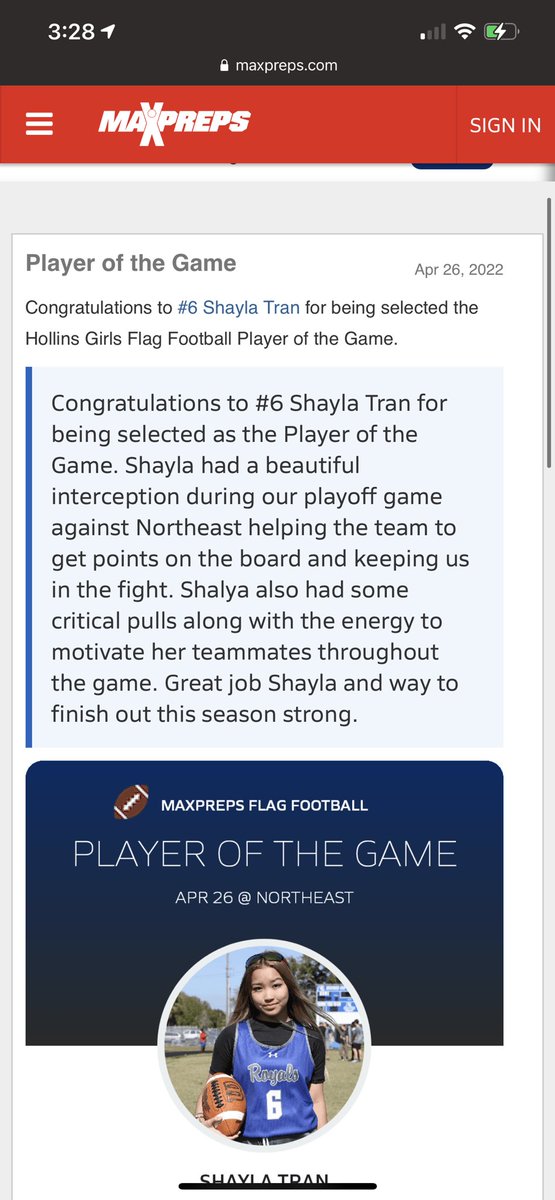 shaylatran06's tweet photo. Thank you to my Coach Megan Zemaitis for selecting me as player of the game💙🤍 https://t.co/UYhhqK4SXI
