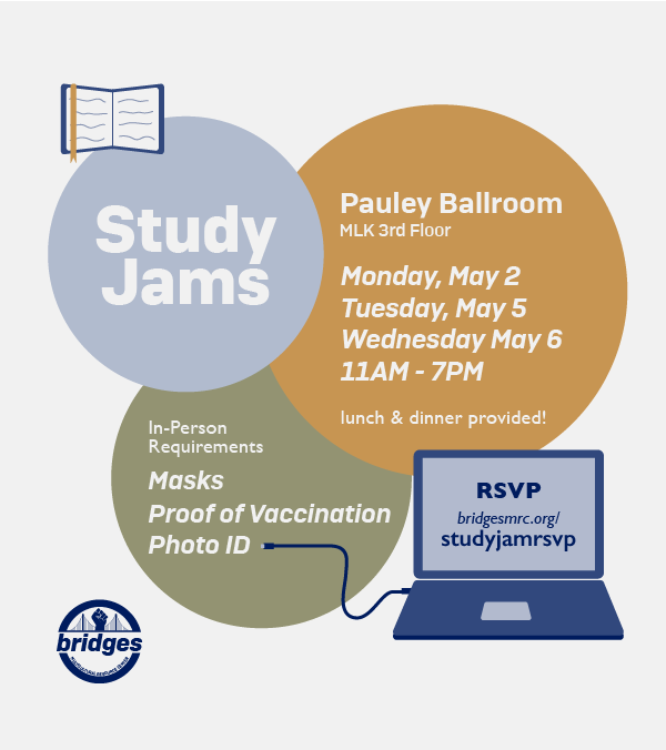 bridgesmrc's tweet photo. Our Study Jams are happening next week! Lunch and dinner are provided. RSVP at https://t.co/RXbR4u2grN

See you there!

#wearebridges #studentsofcolor #studentleaders #highered #BIPOC #Cal #berkeleypov #communitybuilding https://t.co/LIozMDoBIU