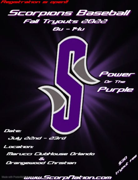 🚨 2022 Fall Tryouts 🚨 This is your opportunity to #WearPurple Register on our website #28Years #ScorpNation                     scorpnation.com/tryouts