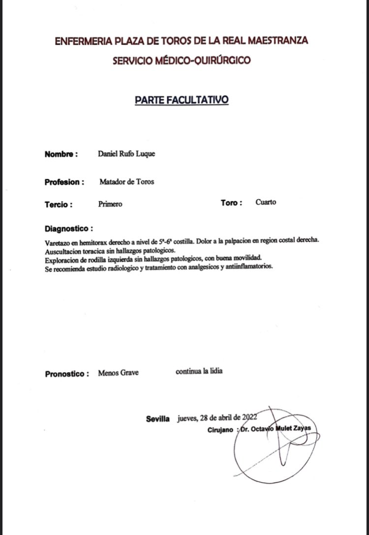 OCTAVIOMULET's tweet photo. Parte de asistencia Daniel Luque . Enfermería Real Maestranza. https://t.co/9po18CGEVH
