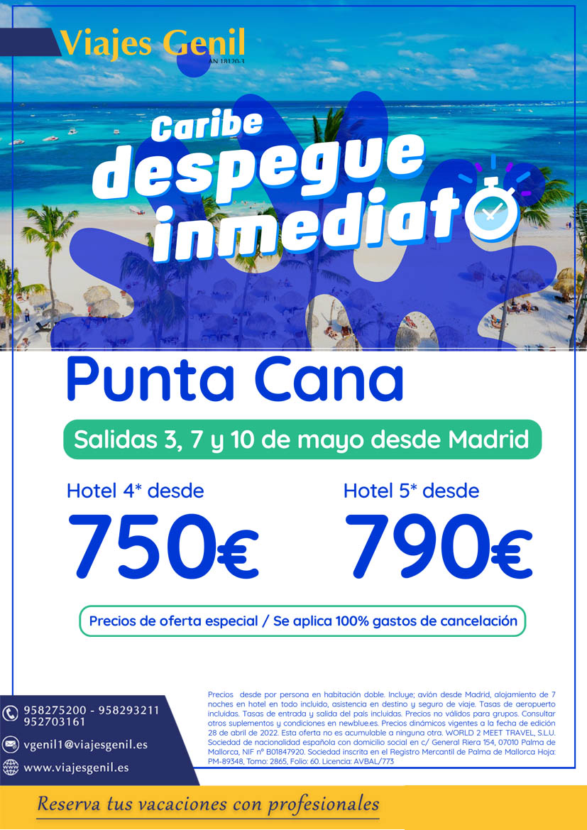 ¿Tienes algún plan para estos próximos días? 🤔

¡No dejes escapar esta oportunidad!. Prepara las maletas y no te lo pienses.🧳🎉🥳
 
Llámanos y reserva ya 🏃‍♀️🏃
👇
☎️958275200-952703161

#puntacana #ofertasdeultimahora #ofertasdeviaje #ganasdeviajar #viajesgenil