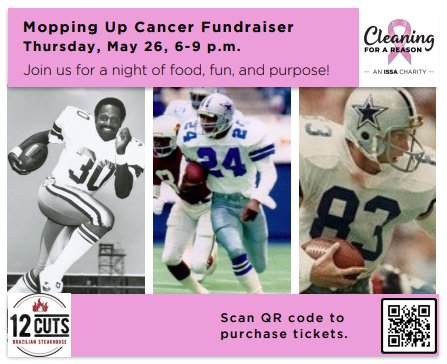 debthenanster's tweet photo. You're invited to Cleaning for a Reason's inaugural Mopping Up Cancer Event held at 12 Cuts Brazilian Steakhouse in Dallas on Thursday, May 26th from 6-9pm. If you have any questions, please give me a call at 214-794-4099.   To purchase tickets: https://t.co/kLz8OkiAcY… See more https://t.co/DNHPPQhNa4