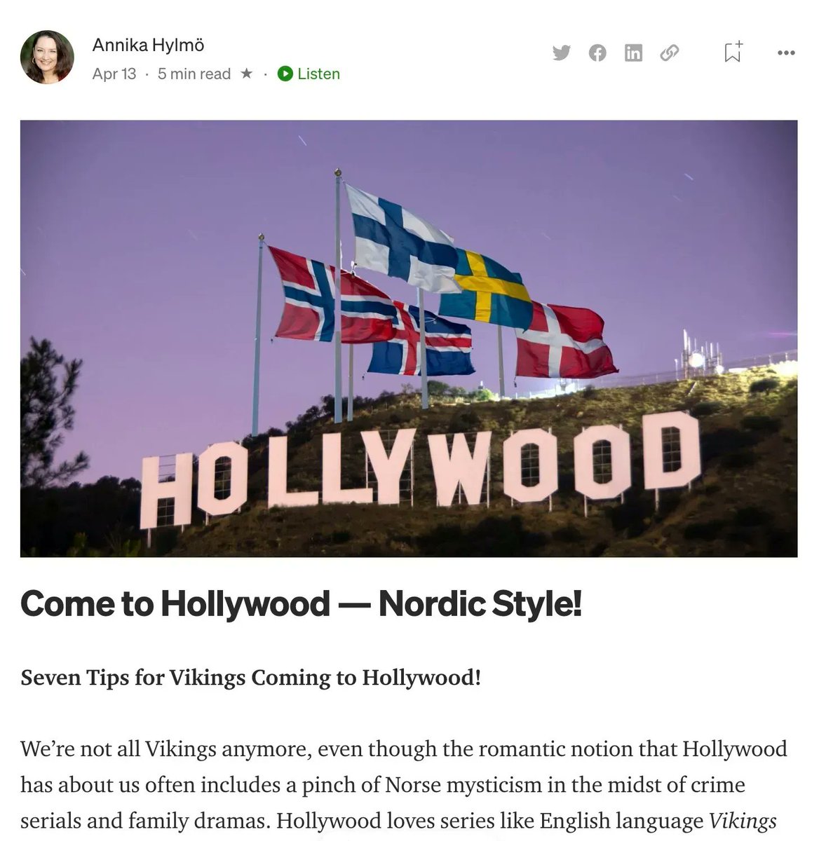 annikahylmo's tweet photo. My article about Nordics coming to Hollywood is getting rave reviews! Check it out!
https://t.co/ZUCFK5SKJ8
#swedishfilm #danishfilm #norwegianfilm #finnishfilm #icelandicfilm #careerinfilm #nordicfilm #saccla #nacc @dabcla #scandinavianfilm #filmmaking #cometohollywood #wift https://t.co/KP64Rt6Sl8