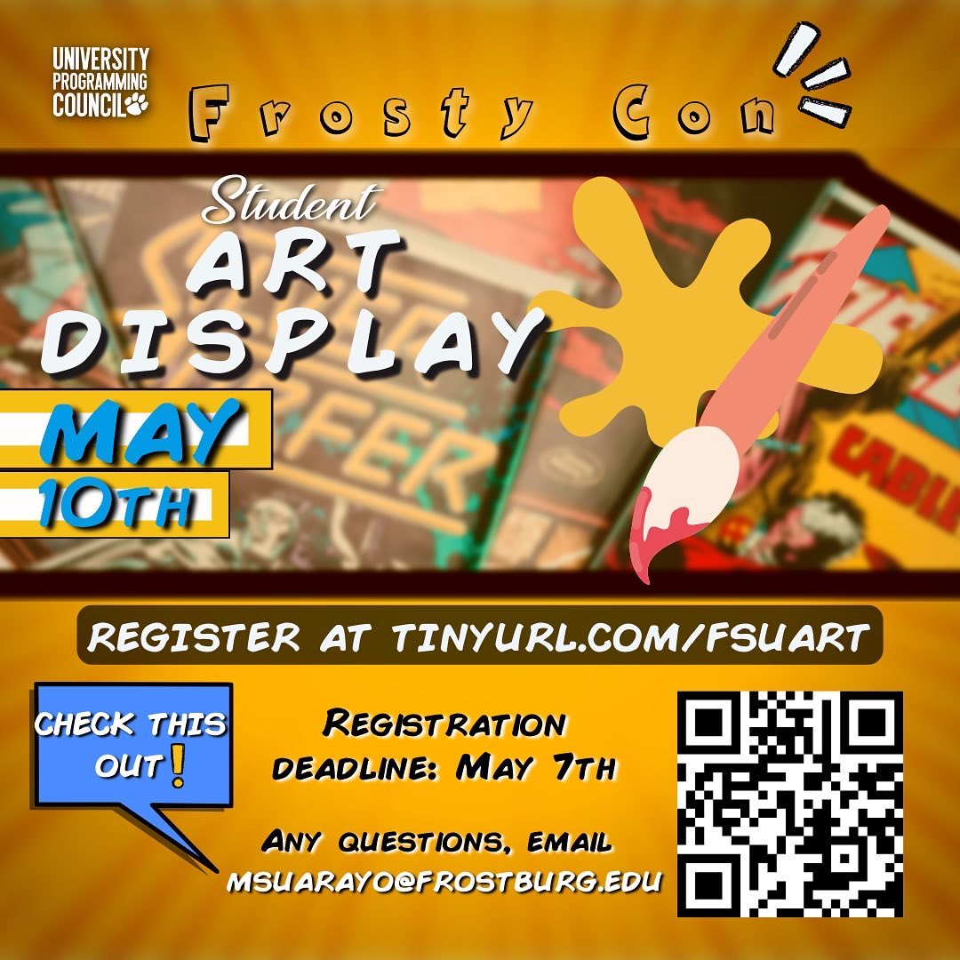 FSUAfterDark's tweet photo. Don’t forget we will be hosting a Cosplay contest at the Frosty Con After Dark so just dress to impress💛🖤

Also remember we will be hosting an art display. Register now using the the link in our bio. 
Last day to sign up is MAY 7th!!!!!!
Spaces are limited!!!!!! https://t.co/iXwFki0uev