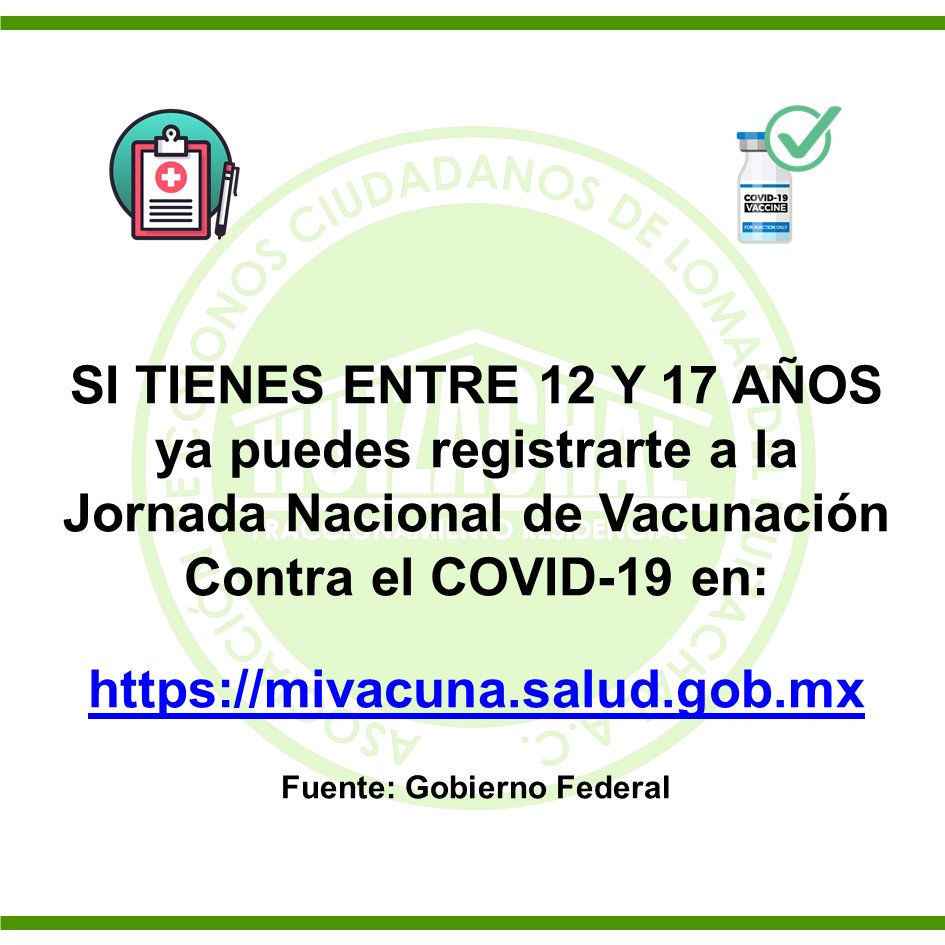 ⚠️ Registro a la Jornada Nacional de Vacunación Contra el COVID-19 para menores de 12 a 17 años 📝

mivacuna.salud.gob.mx

En caso de requerir apoyo en tu registro, contáctanos vía mensaje directo y con mucho te ayudamos en el proceso.
