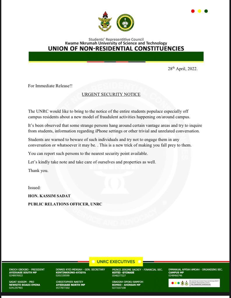 UNRC_KNUST's tweet photo. The UNRC would like to bring to the notice of the students populace especially off campus residents, about a new model of fraudulent activities happening on/around campus. https://t.co/S9UoSkZLUd