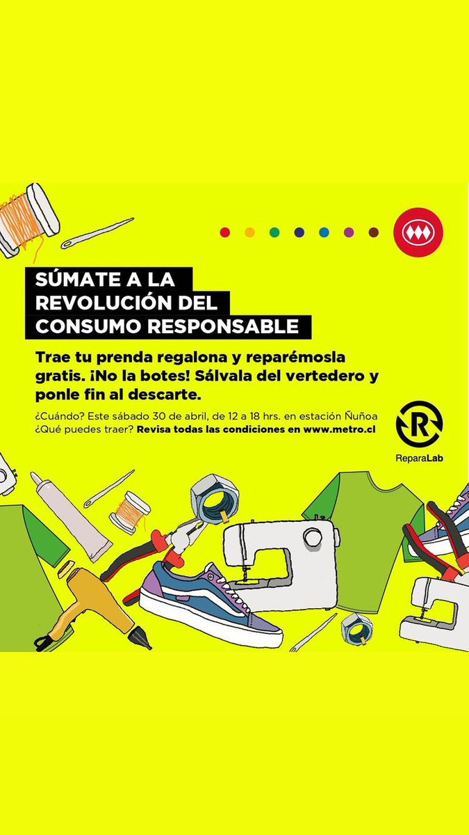 metrodesantiago's tweet photo. La tierra 🌎 nos necesita y tú puedes tomar acción de manera creativa, sustentable ♻️y gratis.
Acompáñanos este sábado 30 de abril en Ñuñoa #L6, donde #Reparalab te enseñará a recuperar esa prenda de ropa que pensabas botar
Revisa más información en https://t.co/HM75f8oZhv https://t.co/nymFohZhcn