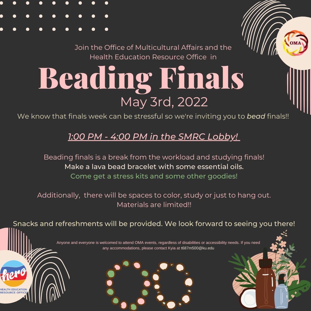KU_OMA's tweet photo. Joint the OMA and HERO for Beading Finals on May 3rd from 1:00 PM - 4:00 PM. Snacks and refreshments provided! https://t.co/4luNDqhhCt