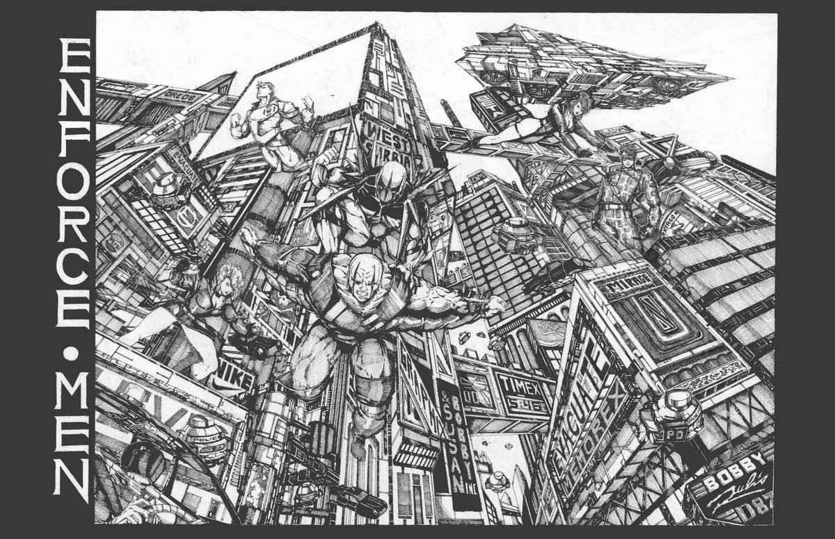 Bobby_Rubio's tweet photo. Happy #NationalSuperheroDay!
This is my #CreatorOwned #Superhero team, the #Enforcemen! I created these guys back in high school. The second drawing I did when I was 16 years old. I was a big fan of #ComicArtist #GeorgePerez and so I tried to draw like him and detail everything! https://t.co/6RLy9zcTqv