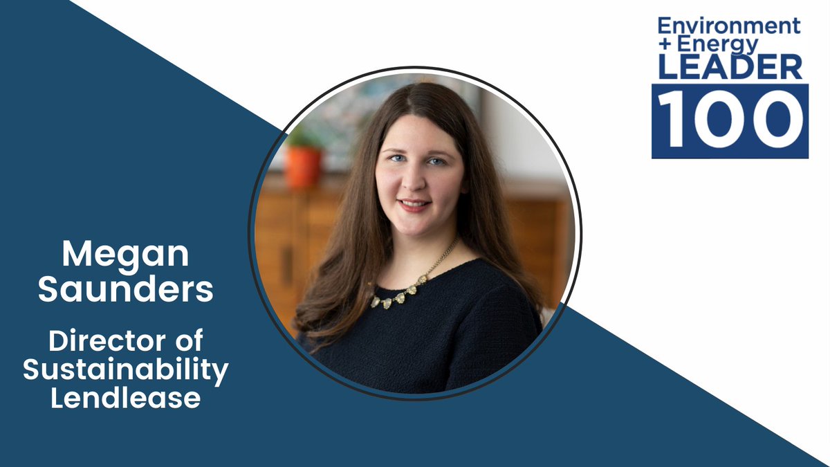 E_E_Leader's tweet photo. Thought Leader Thursday

Meet Megan Saunders, director of #sustainability for @Lendlease's Communities business, which is a partnership w/ the @DeptofDefense

Congrats on being honored as one of E+E Leader's Top 100 in 2021! https://t.co/bHrw0lYxdr

#EE100in21 #data #ESG #energy https://t.co/Ek4a5IBFQW