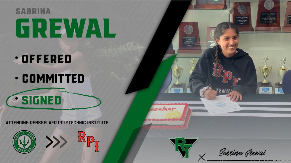 RTHS Athletics (@rthsraptors) on Twitter photo 🖊️ RTP, N.C. ➡️ TROY, N.Y.
After 4 all-conference selections, 4 all-state selections, and 2 state championships, <a href="/RTHSTennis/">RTHS Tennis</a> standout Sabrina Grewal will be taking her talents north next year to play for <a href="/RPIWomensTennis/">RPI Women's Tennis</a>.
#PutInTheWork #GoRaptors 🖊️ RTP, N.C. ➡️ TROY, N.Y.
After 4 all-conference selections, 4 all-state selections, and 2 state championships, <a href="/RTHSTennis/">RTHS Tennis</a> standout Sabrina Grewal will be taking her talents north next year to play for <a href="/RPIWomensTennis/">RPI Women's Tennis</a>.
#PutInTheWork #GoRaptors