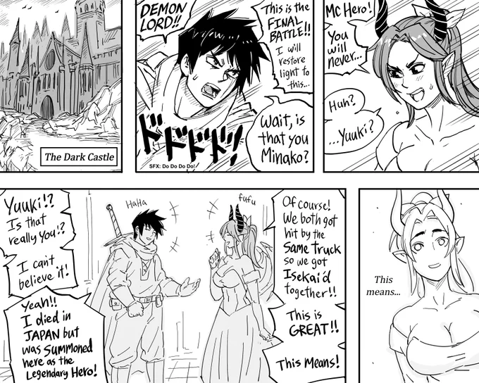 Patreon request: Isekai Hero and Evil Overlord realize they are childhood friends.
Previous comic:
https://t.co/Z1e1Qxv5SJ

I've only known Generic Japanese MC Hero-kun for the short time that I was drawing these comics, and I already hate his guts. 