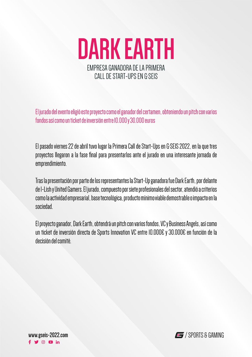 GSEIS2022's tweet photo. 📝 Empresa ganadora de la primera Call de Start-Ups en #GSEIS2022:

➡️ @DarkEarthgame

¡Conoce los detalles en la imagen! https://t.co/GdefdGUl2G