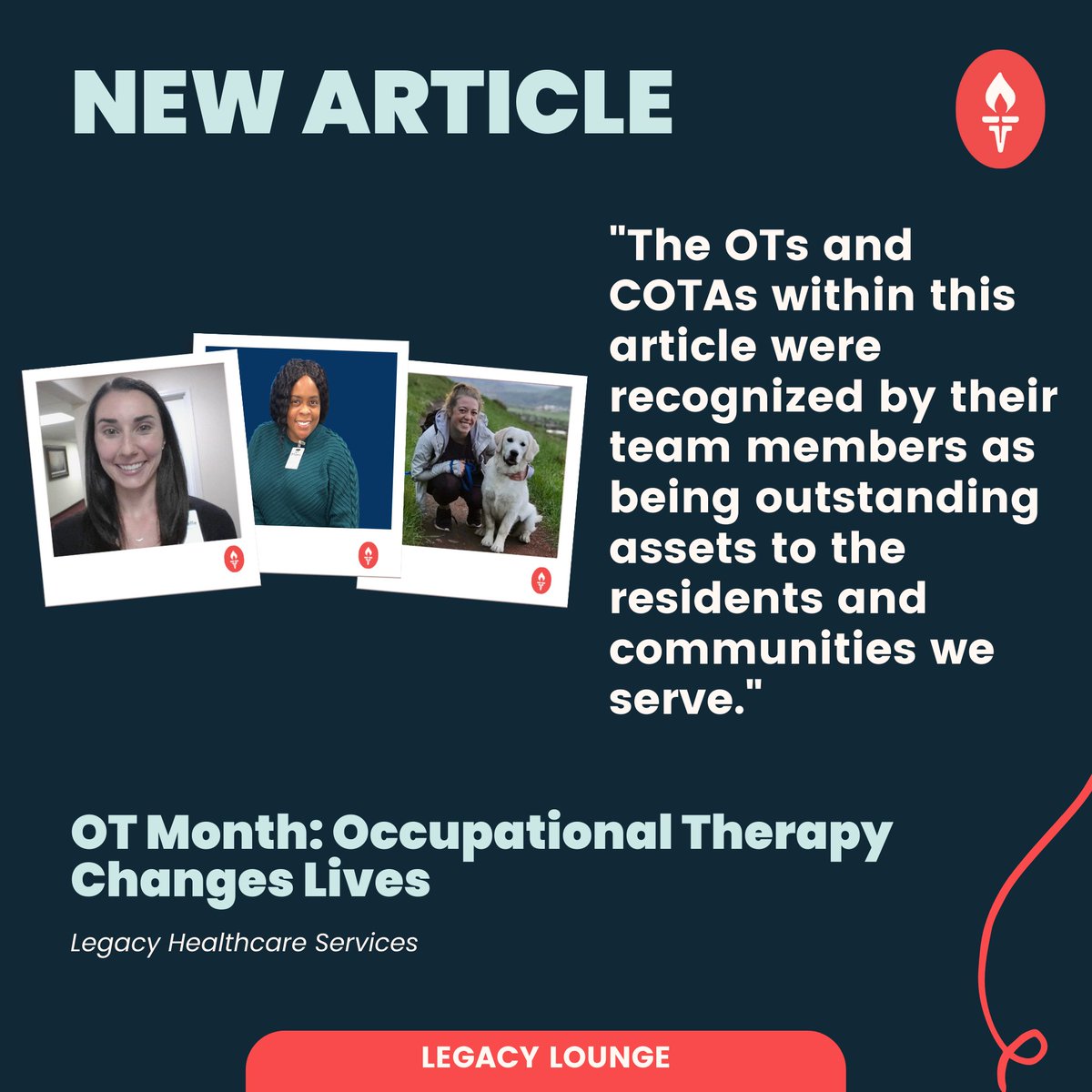 NEW ARTICLE: Check out this next article, "OT Month: Occupational Therapy Changes Lives".
The OTs and COTAs within this article were recognized by their team members as being outstanding assets to the residents and communities we serve.
bit.ly/3rYboAr  #igniteyourlegacy