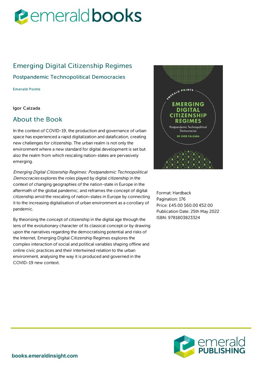 ICalzada's tweet photo. 🎇Join #discussion on 🔖#book entitled
"Emerging #DigitalCitizenship Regimes:
#Postpandemic #Technopolitical #Democracies"
published by @EmeraldGlobal
👉https://t.co/KMLmdTOBUd via @academia
pre-launch #conversations
#AcademicTwitter #AcademicChatter
7/n https://t.co/DWZhbyO9R6