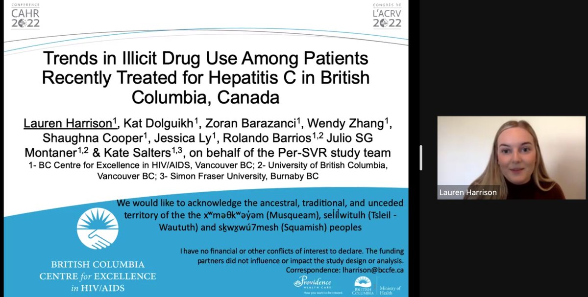 bccfe's tweet photo. Lauren Harrison presenting #PerSVR data at #CAHR2022 on trends of illicit drug use among those treated for #HCV. Trends showed stimulant use (particularly fentanyl) increased among study participants during #COVID19, illustrating a need to further tailor harm reduction services. https://t.co/KgG1Pm2UPI