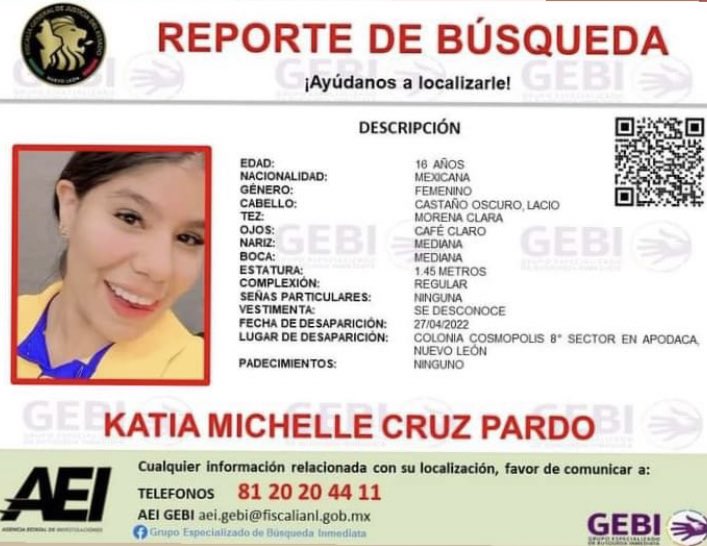 Solicitamos su apoyo para difundir y localizar a KATIA MICHELLE CRUZ PARDO de 16 años, fue vista por última vez en la Col Cosmopolis #Apodaca 🚨 <a href="/Cicmty/">CIC</a> <a href="/MtyFollow/">MtyFollow®</a> <a href="/Apodaca_Peuple/">𝑨𝒑𝒐𝒅𝒂𝒄𝒂 𝑳' 𝑨𝒎𝒊 𝒅𝒖 𝑷𝒆𝒖𝒑𝒍𝒆</a> <a href="/SSP_Apodaca/">Policía de Apodaca</a> <a href="/ApodacaEnAlerta/">Apodaca En Alerta</a> <a href="/Soy_deApodaca/">Soy de Apodaca</a> <a href="/cesargarzav/">CESAR GARZA</a>