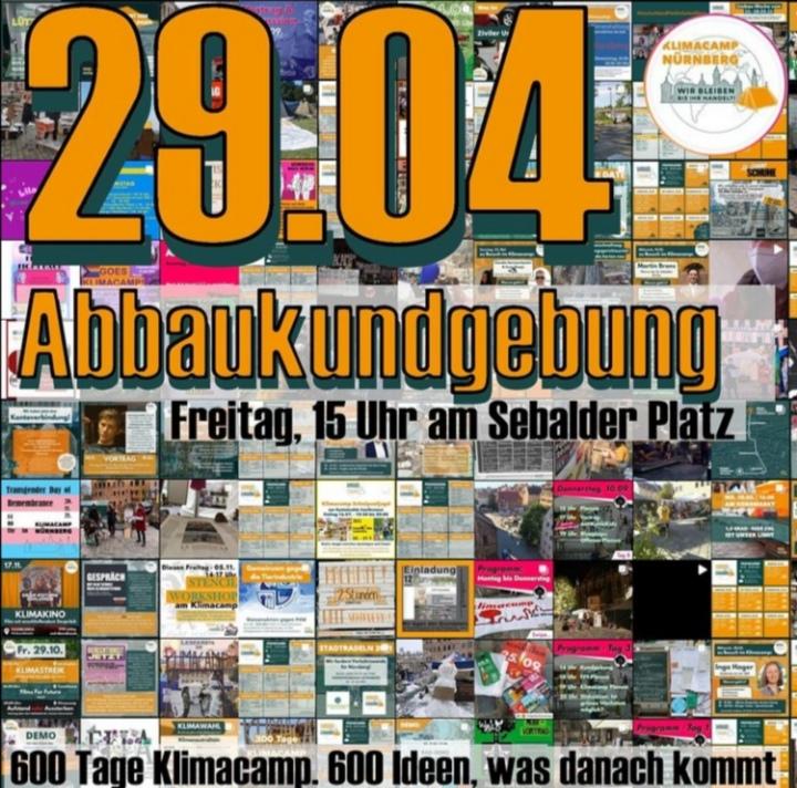 🎉600 Tage Klimacamp🎉
Ein Jubiläum &amp; ein Ende: wir haben uns entschieden abzubauen um Energie für neue Aktionsformate zu finden

15:00Uhr Abschluss-Kundgebung und anschließender Verschenkemarkt

und am Straßenfest des revolutionären 1.Mai haben wir einen Stand mit <a href="/FFFNuernberg/">Fridays For Future Nürnberg</a>