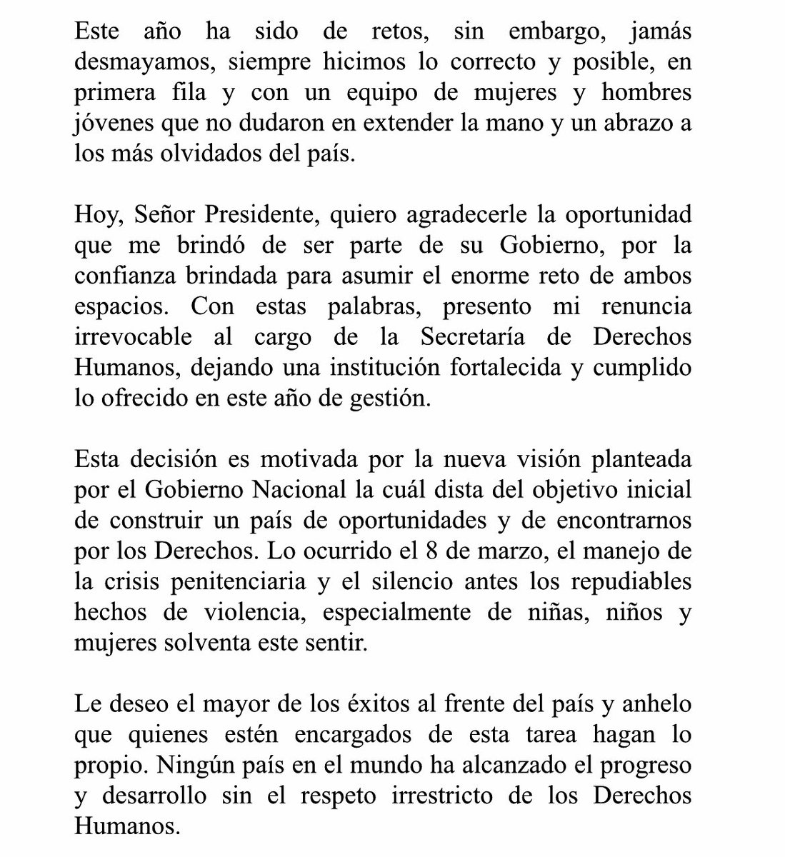 BernardaOM's tweet photo. Hago pública mi renuncia irrevocable, al cargo de Secretaria de Derechos Humanos. 

Los ideales siempre serán la primera regla de mi vida 🦋🦋🦋 . https://t.co/XIMTdFpfvk