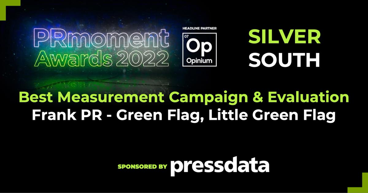 therealprmoment's tweet photo. The Silver Award for the Best Measurement Campaign and Evaluation goes to @WelcomeToFrank and Green Flag for Little Green Flag! Congrats! #PRmomentawards https://t.co/U0R1lT1AMl
