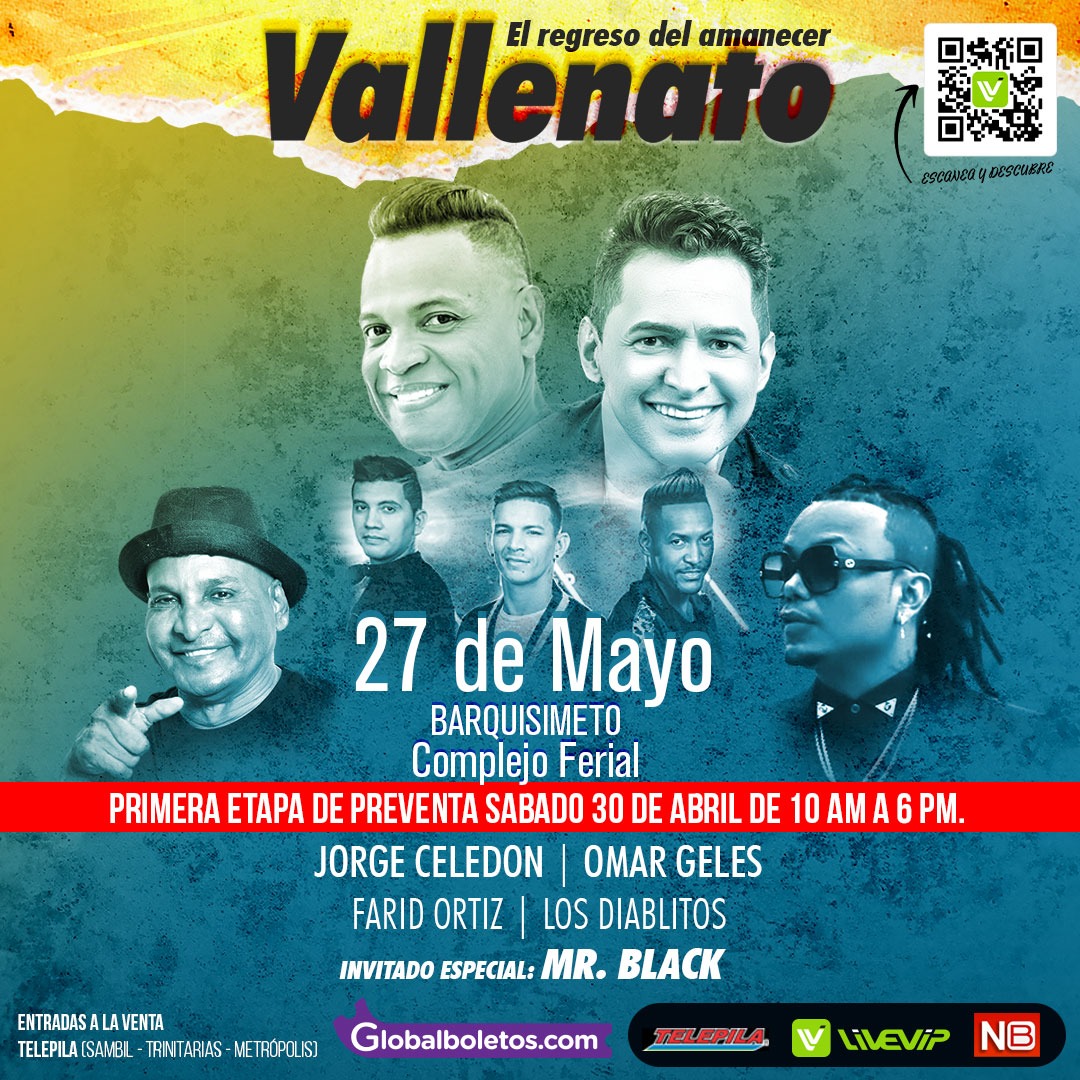 TVVnoticias's tweet photo. #28Abr Desde el 26 hasta el 29 de mayo, @livevip_music traerá a Venezuela a reconocidos artistas colombianos del género vallenato para presentarse en Valencia, Barquisimeto, Caracas y Maracaibo. La venta de entradas será este #30Abr en taquillas establecidas por #LiveVip. #TVV https://t.co/Lbmck6YBWI