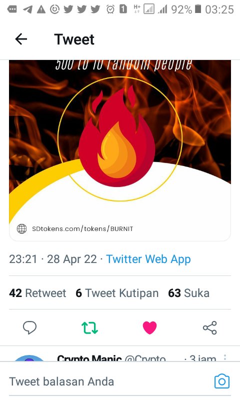 Gunawan73624684's tweet photo. @SDtokens Done โ
#BURNIT #Sdtokens #Giveaway #Smartdefi #Roxbsc #Rox
@lover_fegex @Bentley11863142 https://t.co/027BZR0qMi