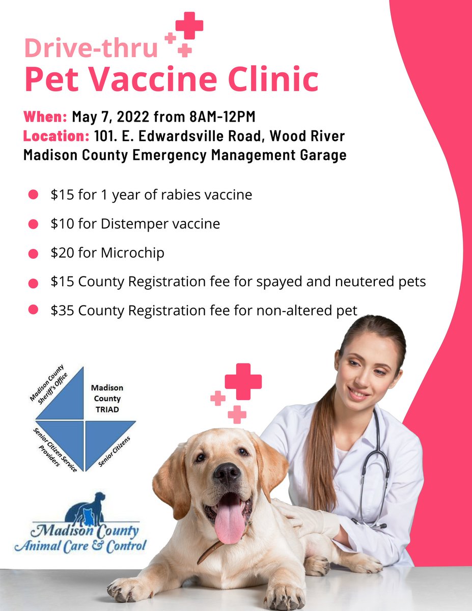 MadisonCHD's tweet image. Drive-thru Pet Vaccine Clinic on May 7, 2022 from 8AM to 12PM at 101 E. Edwardsville Road, Wood River at the Madison County Emergency Management Garage.