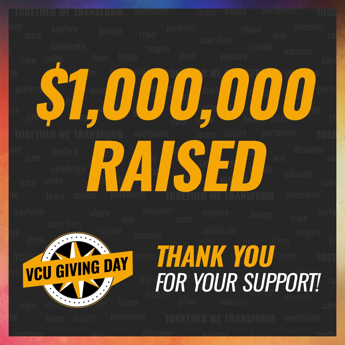 We just passed the $1,000,000 mark thanks to the generosity of the VCU community! Your support will play a critical role in transforming the lives  of our students, faculty, alumni, patients, researchers and clinicians. Thank you.

 #VCUGivingDay