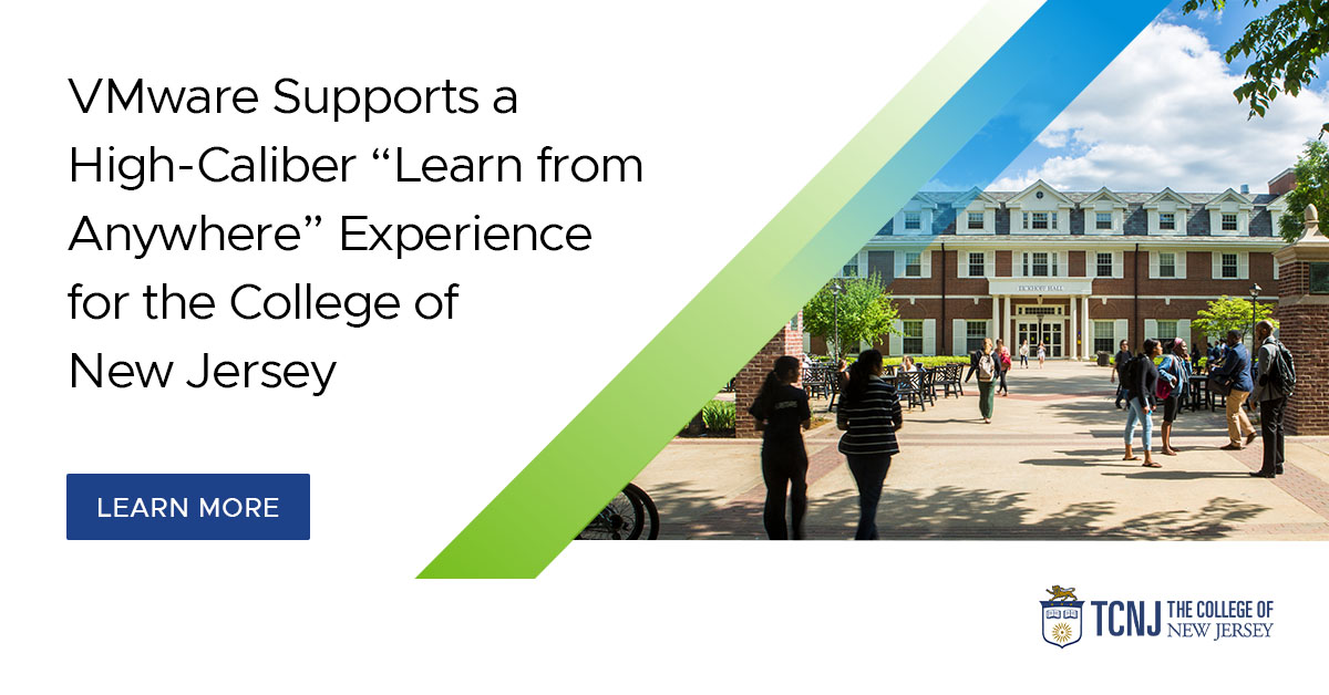 VMware's tweet photo. “VMware Cloud on AWS requires significantly fewer resources to manage than our on-premises environment.” Learn how The College of New Jersey optimized its IT operations and 7400 students' learning experiences with VMware. https://t.co/YwRNFrrUc3 #VMwareStories https://t.co/UGxdZilpPF