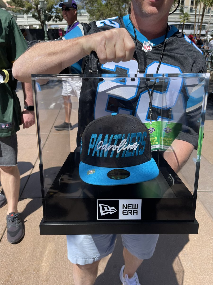 darrenrovell's tweet photo. The hats that will go on the players are ready to go. This will go on the Panthers pick https://t.co/T47btAB8fU