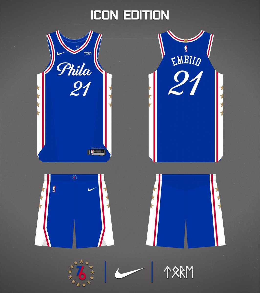 Eikthyrne's tweet photo. Association and Icon edition concepts for the @sixers. Inspired by 17'-18' City edition. Wordmark remains the same, golden stars for the 13 colonies and a recoloured logo. #Philadelphia #Sixers #NBATwitter #NBATwitterLive #TrustTheProcess #76ers #PhilaUnite #NBA #NBAConcepts https://t.co/s1qoxsIkNM