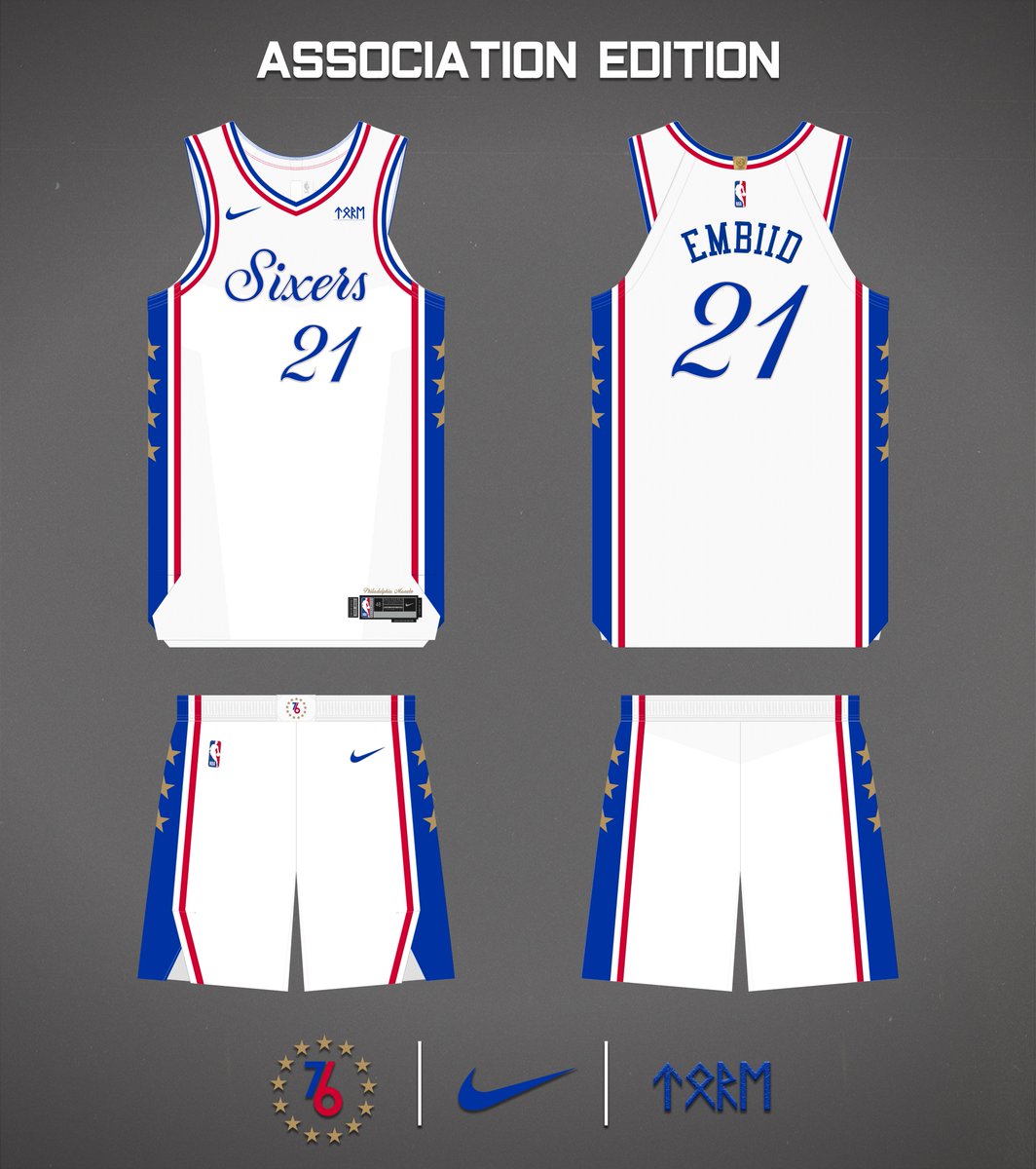 Eikthyrne's tweet photo. Association and Icon edition concepts for the @sixers. Inspired by 17'-18' City edition. Wordmark remains the same, golden stars for the 13 colonies and a recoloured logo. #Philadelphia #Sixers #NBATwitter #NBATwitterLive #TrustTheProcess #76ers #PhilaUnite #NBA #NBAConcepts https://t.co/s1qoxsIkNM