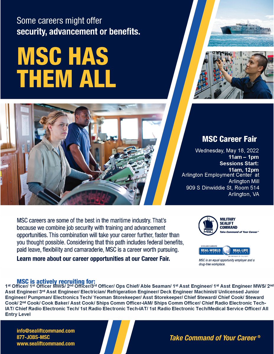 ArlEmploymentCt's tweet photo. Hiring Event! Learn about maritime careers - training , job security, benefits. US Navy's Military Sealift Command JOB FAIR, Wed, May 18, 11am, Arlington Mill, Arlington, VA. Come visit and learn more! #hiringinarlington #jobfair #SealiftCommand @workcouncil https://t.co/5K2sj6ziK4