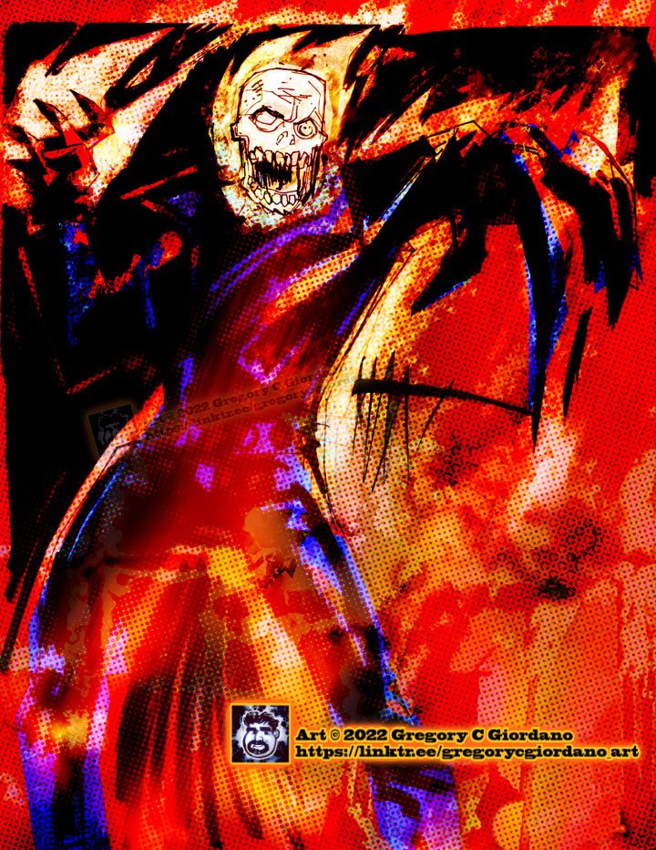 flameape's tweet image. GHOST RIDER!
Old #fanart from 2005 or 06? Original 70s #GhostRider  #sharpie and finepoint on #drawing paper, colored in computer.
#marvel #marvelcomics #horrorart #horror #demon #marvelknights #draw #comicart #sketch #sketchart  #draw #digitalart #doodle #ComicArt