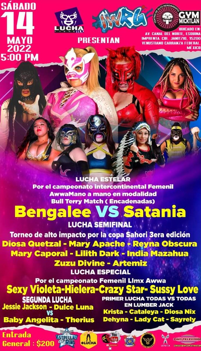LaTijeraLucha's tweet photo. Sábado 1️⃣4️⃣ de mayo #GymMicktlan llega la magia #LuchaLibreMx con una función de guerreras:
⛓ Rivalidad sin salida #Bengalee 🆚 #Satania
️💣 Copa Sahori y más, recuerda presentando tu cupón de #latijera,acceso gratuito para un niño;no te lo puedes perder.
#latijeraluchalibre https://t.co/ROXlzxjYrh