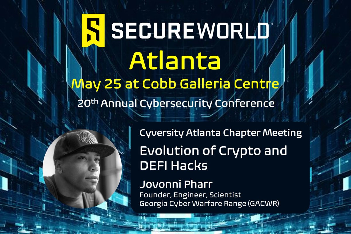 SecureWorld's tweet photo. .@Jovonni Pharr of Georgia Cyber Warfare Range will present May 25 at SecureWorld Atlanta as part of the @OneCyversity chapter meeting, open to all attendees. See the agenda and register here: https://t.co/jOrvGm0pOT @GACWR #SWATL22 https://t.co/PmKGC1bWAr