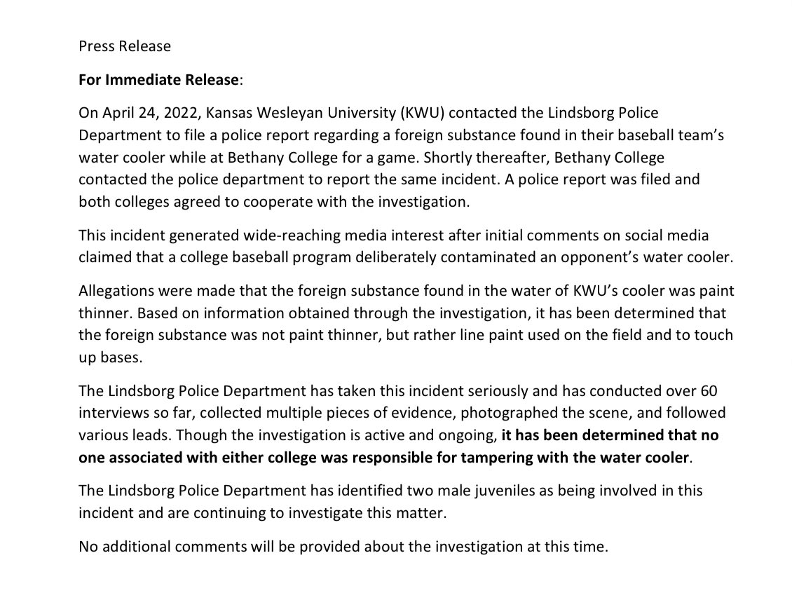 🚨We have learned through a press release from the Lindsborg, KS police department that their investigation has determined NO ONE associated with either college was responsible for tampering with the KWU water cooler. You can read the full release below ⬇️