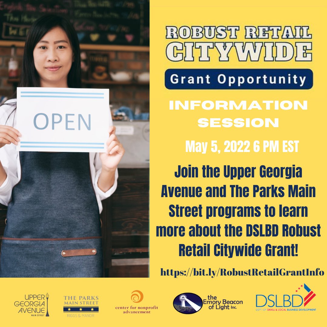 UpperGeorgiaAve's tweet photo. Applications are now open for the #RobustRetail Citywide Grant! 

Have questions? Join the Upper Georgia Avenue and The Parks Main Street programs for a virtual information session on May 5th at 6 PM. 

https://t.co/Zn0nSmK5qU
#smallbusinessgrants #dcsmallbusinesses #tagabusiness https://t.co/xveOgmjZpA