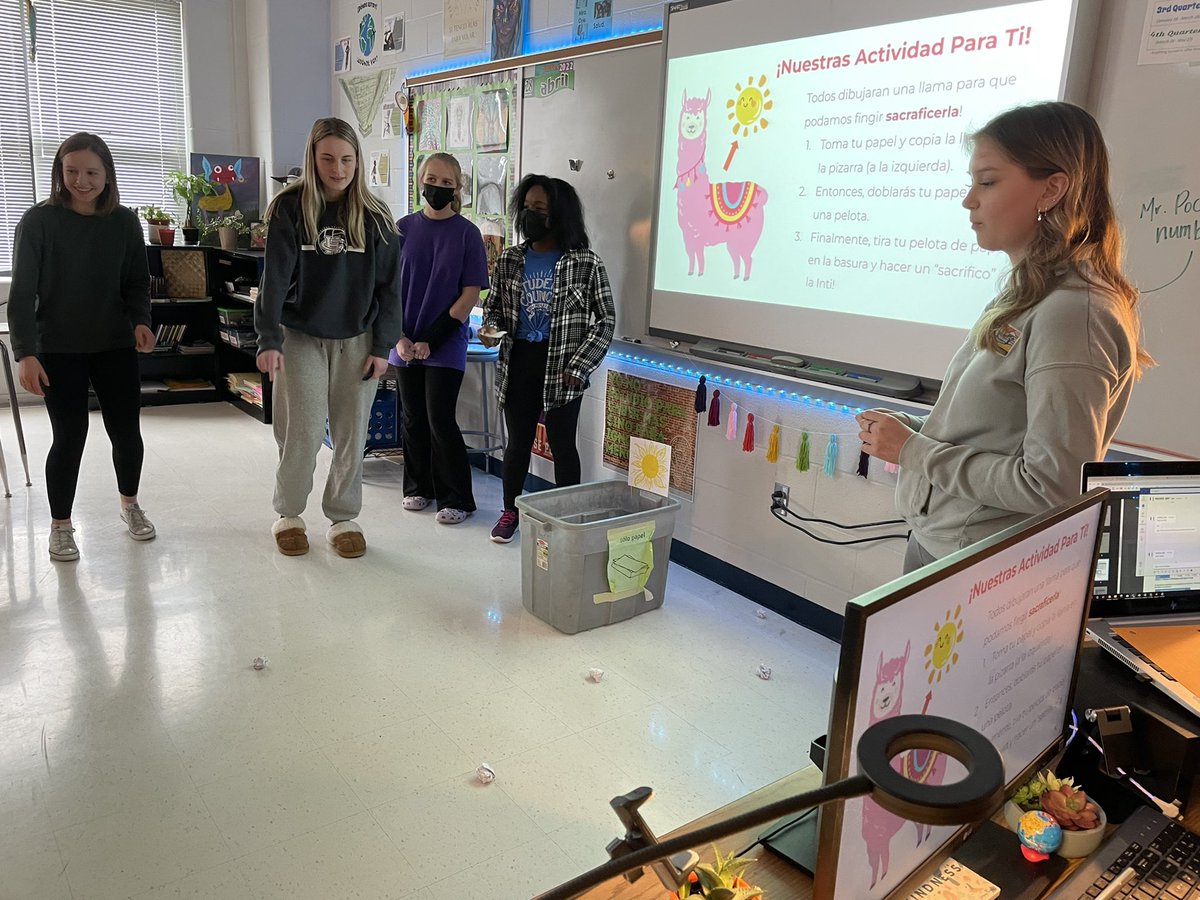 Day one of festival presentations and celebrations in Spanish 3 today. We had so much fun pinning the clothes on the Guinea pig, jumping over babies, and drawing llamas for Inti! #fhsdwl <a href="/FHSDWL/">WorldLanguageFHSD</a>