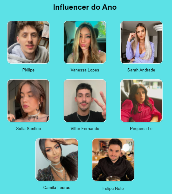 TudoIAwards's tweet photo. Ranking da categoria - Influencer do Ano no Prêmio Tudo Information 2022 #TudoIAwards 🔥🚨

🥇- #FelipeNeto
🥈- #PequenaLo
🥉- #SarahAndrade
4 - #VanessaLopes
5 - #Pkllipe
6 - #CamilaLoures
7 - #SofiaSantino
8 - #VittorFernando
Votações até 15/05! 
🔗https://t.co/FFxW1MCGIY https://t.co/OdxJAhnWen
